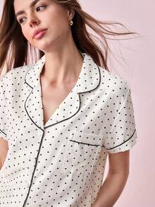 Bonmuse [Elegant Fields]2pcs/Set Women's Mini Polka Dot Printed Pajama Set With Contrast Trim Button-Down Shirt And Bowknot Shorts, Perfect For Home Wear In Summer White Set,Two Pieces Setfor Summer - White - View 6