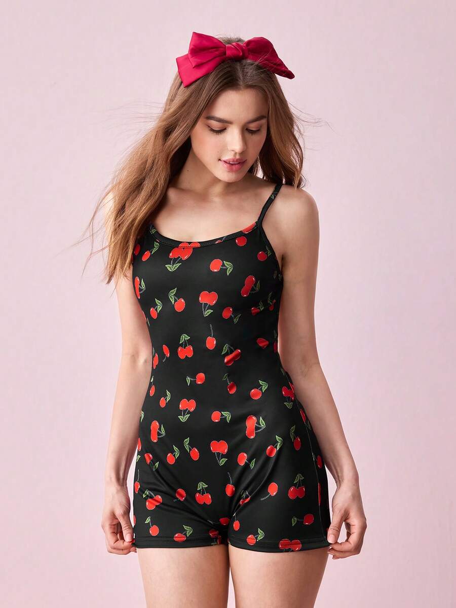 Bonmuse 1 pieza Mono sin espalda con estampado de cereza para el verano - Negro - Ver 1
