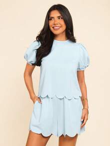 Coeurva Women's Solid Color Woven Loose Shirt & Shorts 2 Pieces Set, Spring/Summer,Summer Outfits For Women - Baby Blue - View 1