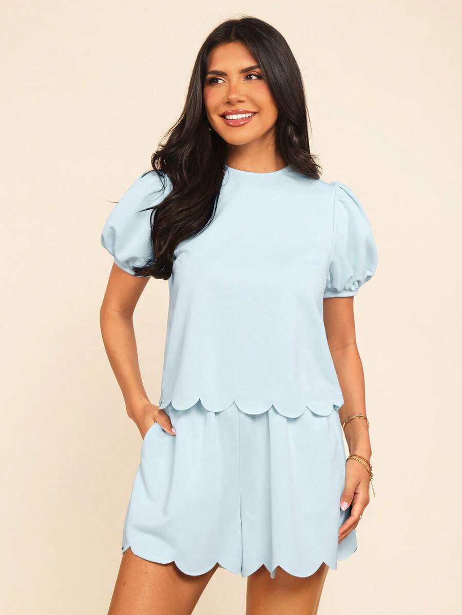 Coeurva Women's Solid Color Woven Loose Shirt & Shorts 2 Pieces Set, Spring/Summer,Summer Outfits For Women - Baby Blue - View 1