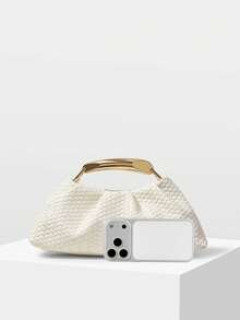 MOTF PREMIUM BOLSO DE MANO DE MUJER DE PIEL SINTÉTICA TRENZADA CON GRABADO, HERRAJES FINOS - Trenza blanquecina - Ver 4