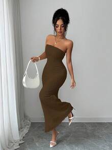 Đầm nữ trơn màu, không dây đeo, ôm dáng, thanh lịch - màu nâu - Xem 3
