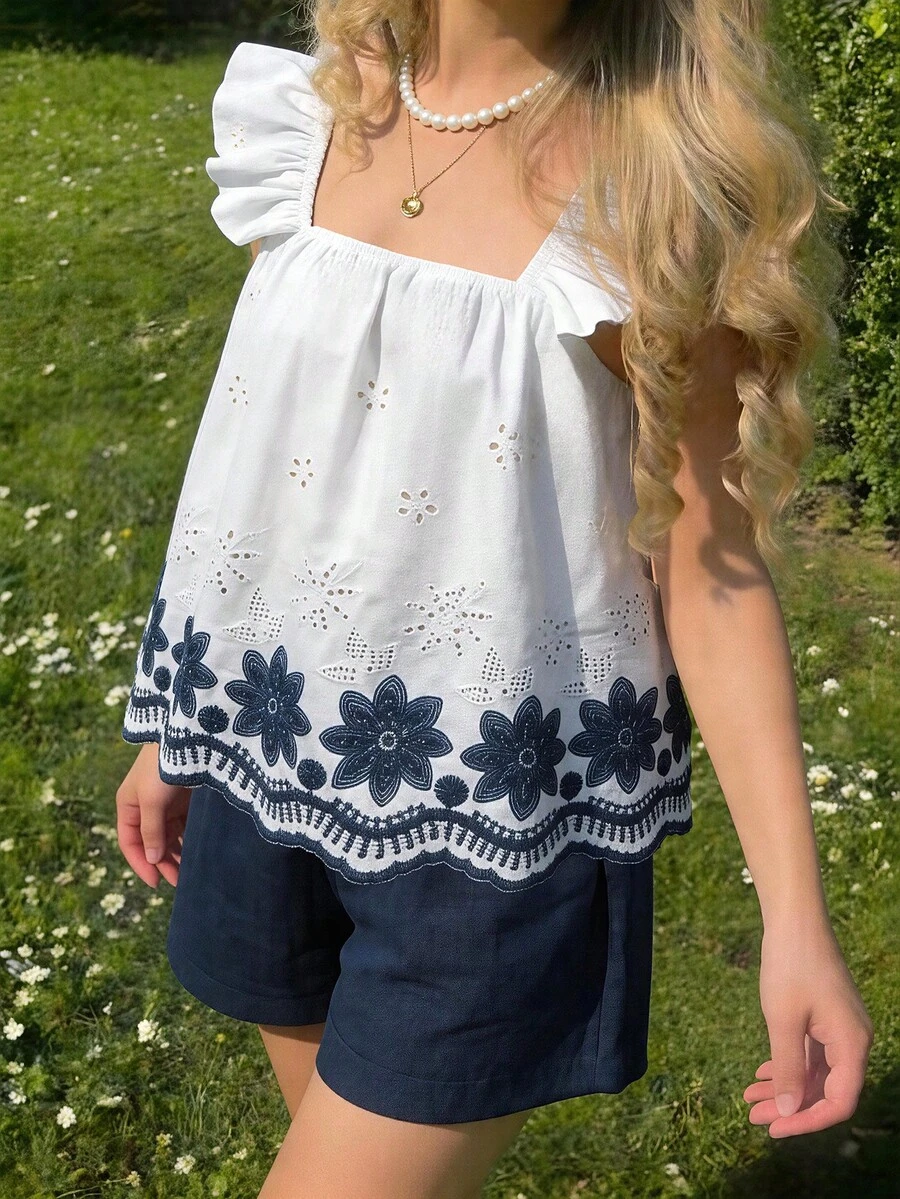 SHEIN Sparklyn Tween Girl Vacation Embroidered Cap Sleeve Top And Shorts Set - Navy Blue - View 1