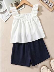 SHEIN Sparklyn Tween Girl Vacation Embroidered Cap Sleeve Top And Shorts Set - Navy Blue - View 2