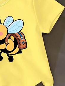 Girls Cute Cartoon Bee & Colorful Floral Print Short T-Shirt,Casual Minimalist Blue Basic Tee,Comfortable Summer School Back-To-School Daily Wear - Yellow - View 5