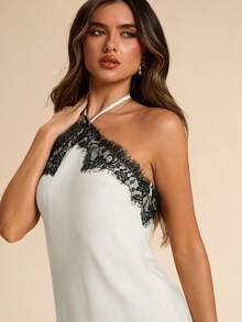 SHEIN BAE Đầm ngắn bằng satin màu trắng ngà viền ren, thích hợp cho buổi hẹn hò lãng mạn, ngày Valentine, kỳ nghỉ biển, tiệc cocktail, mùa xuân/hè. - Màu be - Xem 7