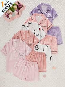 (Envío Aleatorio 1 Set) Conjunto de Ropa de Estar en Casa Cómodo de 2 Piezas para Niñas con Manga Corta & Pantalones Cortos, 1 Top de Manga Corta + 1 Par de Pantalones Cortos - Multicolor - Ver 3