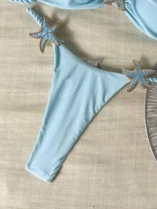 Swim Mod 2件套渐变随机花卉印花绳饰蓝色海星抹胸比基尼泳衣套装，性感女士夏季度假泳装沙滩邮轮旅行两件套泳衣 - 淺藍色 - 查看 5