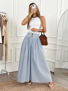 Easowa 女士条纹印花休闲裤 - 淺藍色 - 查看 5