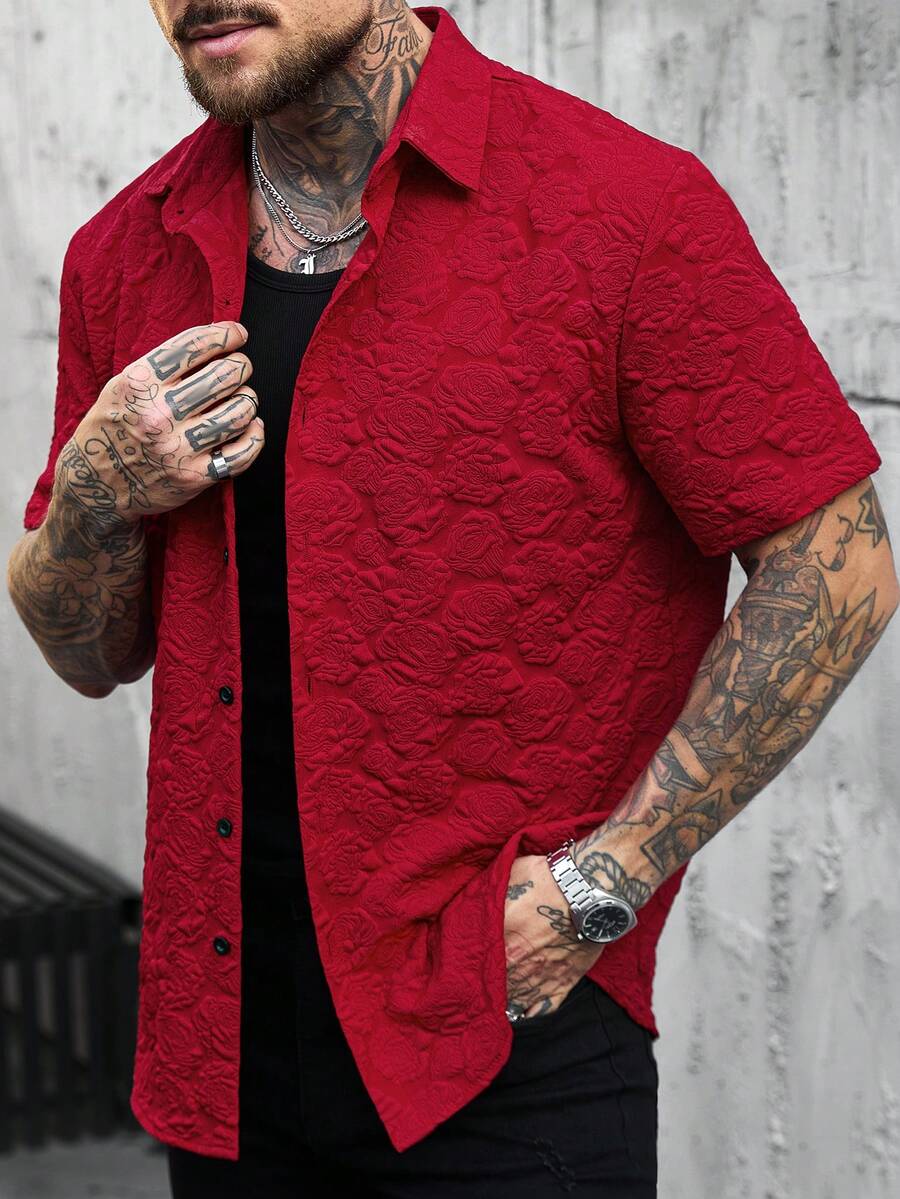 SLATEMANN Men's Solid Color Front Button Casual Short Sleeve Shirt, Summer - Red - View 1