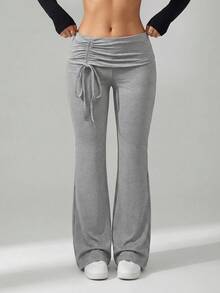 SHEIN PETITE Women's Black Street Style Vintage Side Drawstring Y2K Flare Pants, Versatile - Grey - View 3