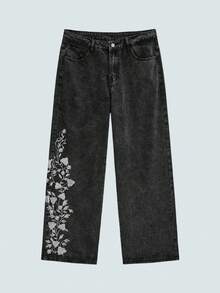 Modcrash 1 pièce Jeans ample à jambe large de style mode de rue pour hommes, brodé. Ample et confortable, polyvalent pour toutes les saisons (sans ceinture ni accessoires) - Gris - Voir 2