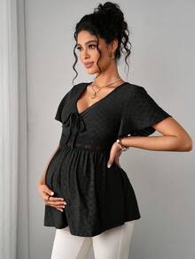 Momance Áo thun bầu dáng suông, thêu họa tiết rỗng, xếp ly, trang trí ngực, thanh lịch, dễ thương, thường ngày. - màu đen - Xem 4