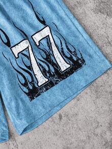2件組男孩街頭風口號印花圓領針織T恤與牛仔印花短褲套裝，黑色夏季城市度假穿搭，柔軟舒適時尚版型 - 黑色 - 查看 8