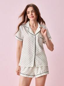 Bonmuse [Elegant Fields]2pcs/Set Women's Mini Polka Dot Printed Pajama Set With Contrast Trim Button-Down Shirt And Bowknot Shorts, Perfect For Home Wear In Summer White Set,Two Pieces Setfor Summer - White - View 4