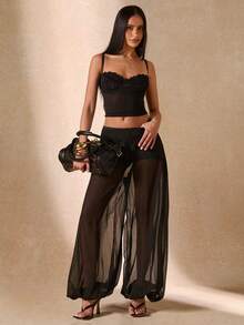 SHEIN BAE 女士黑色雪纺性感灯笼裤，修身长裤，夏季雪纺灯笼裤，性感沙滩度假长裤，修身长裤，黑色裤子 - 黑色 - 查看 5