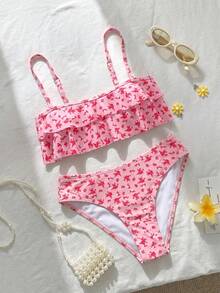 Swim Mod 花卉飾邊可愛甜美復古休閒海灘海灘派對度假度假女性泳裝套裝粉色花卉花卉夏季 - 粉色 - 查看 3