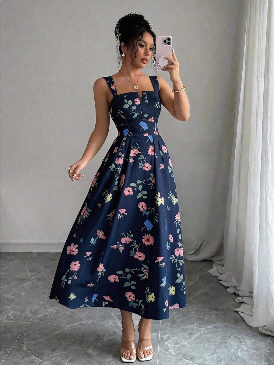 SHEIN Elenzya 最新春夏碎花优雅收腰褶皱长连衣裙 - 藏蓝色 - 查看 1