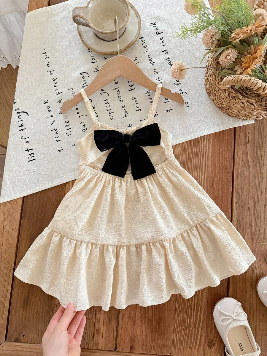 LMoss Kids 女婴可爱撞色蝴蝶结纹理宽松吊带连衣裙，夏季 - 彩色 - 查看 1