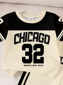 Playful Pals 1套男嬰休閒時尚運動風32號數字與Chicago字母印花對比色拼接圓領短袖T恤及側條紋慢跑褲套裝，適合春夏出遊，數字運動制服，校園運動制服 - 彩色 - 查看 5