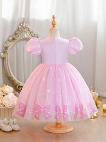 Glamorique Kids 女童粉色蝴蝶结雪花印花薄纱缎面连衣裙，可爱公主裙，儿童生日派对礼服，婚礼宾客礼服，手工串珠蓬蓬裙 - 粉色 - 查看 2