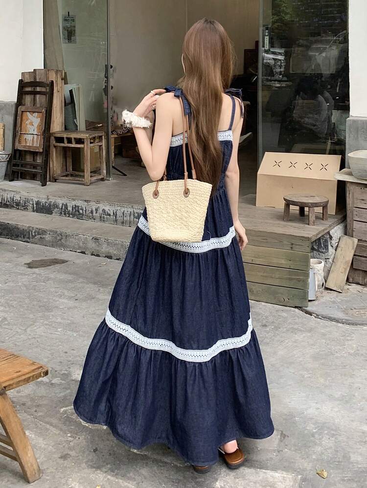 Women's Summer Bow Tie Strap Dress, Casual Long Colorblock Patchwork Washed Denim Floral Trim Design Dress