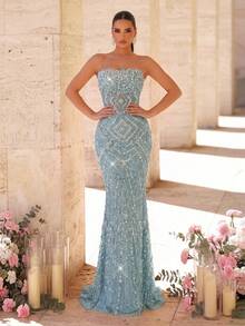 Glamrae Đầm dạ hội cúp ngực gợi cảm, sang trọng, đính sequin và hạt cườm, chất liệu vải lưới, thích hợp cho đám cưới, tiệc tùng, lễ hội, dạ tiệc và các dịp trang trọng (được trang trí cầu kỳ). - Màu xanh bụi bặm - Xem 7