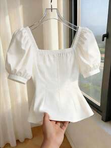 Franclia Women's Solid Color Square Neck Petal Sleeve Elegant Summer Versatile Plus Size Blouse - White - View 2
