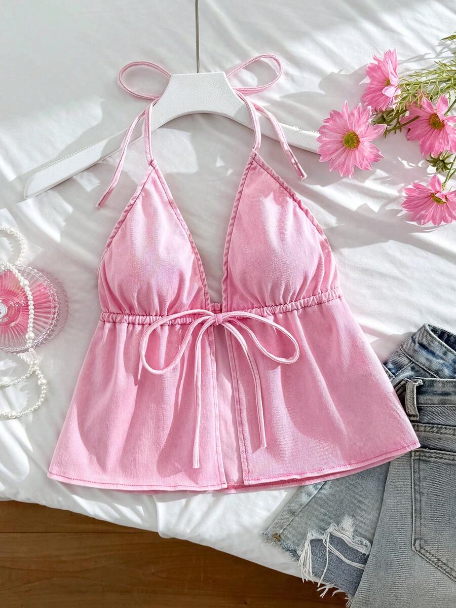 Soleia Women's Casual Tie Front Halter Neck Denim Blouse For Summer Summer Outfit For Women Summer Top Festival Outfits For Women Beach Outfits For Women Vacation Outfits Women Country Concert Outfit Pink Tops Holiday Outfits For Women - Pink - View 1