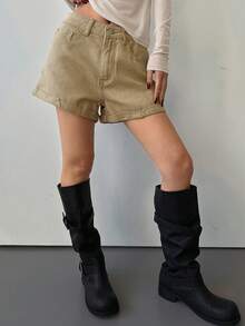 DAZY Women's Low Waist Cuffed Casual Washed Denim Shorts Jorts - Khaki - View 5