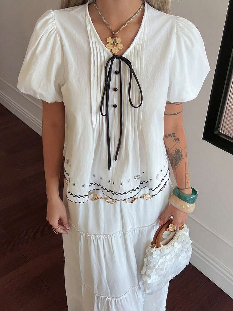 Women's V-Neck Embroidered Contrast Color Ribbon Bow Tie Casual White Blouse Summer