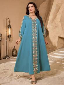 Al Najma Plus Size Solid Color Lace Trim Women Turkish Long Tunic, Arabic Traditional Long Dress - Teal Blue - View 5