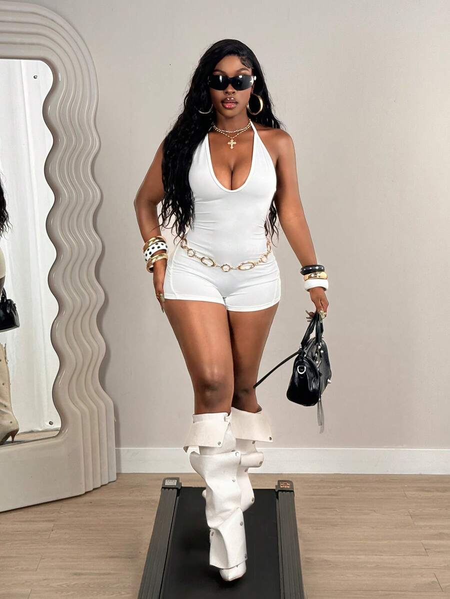 BamGleam 2026新款夏季休闲高弹针织性感露背连体裤，修身百搭女式连体裤 - 白色 - 查看 1