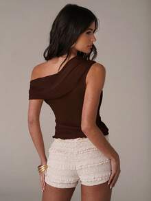 SHEIN BAE Women's Solid Color Asymmetric Neckline Ruched Elegant Blouse,Summer Top - Coffee Brown - View 2