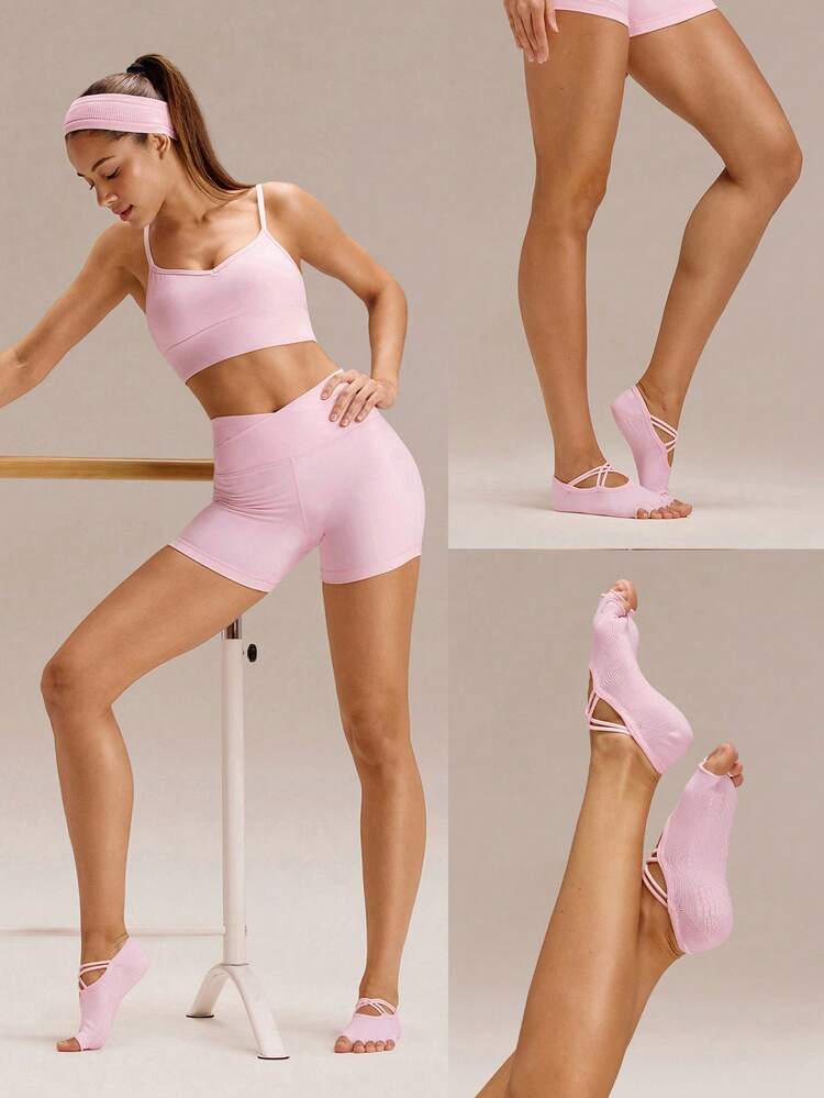 Studio Glow Sweat-Wicking Quick-Drying Anti-Odor Crossover Straps Open-Toe Grip Socks With Anti-Slip Grips Yoga Pilates Barre Studio Active Wear