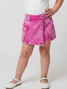 SHEIN Y2K风格多口袋水洗休闲时尚牛仔短裙，适合年轻女孩春夏休闲度假乡村波西米亚风穿搭，沙滩装，西部街头风。 - 粉色 - 查看 5