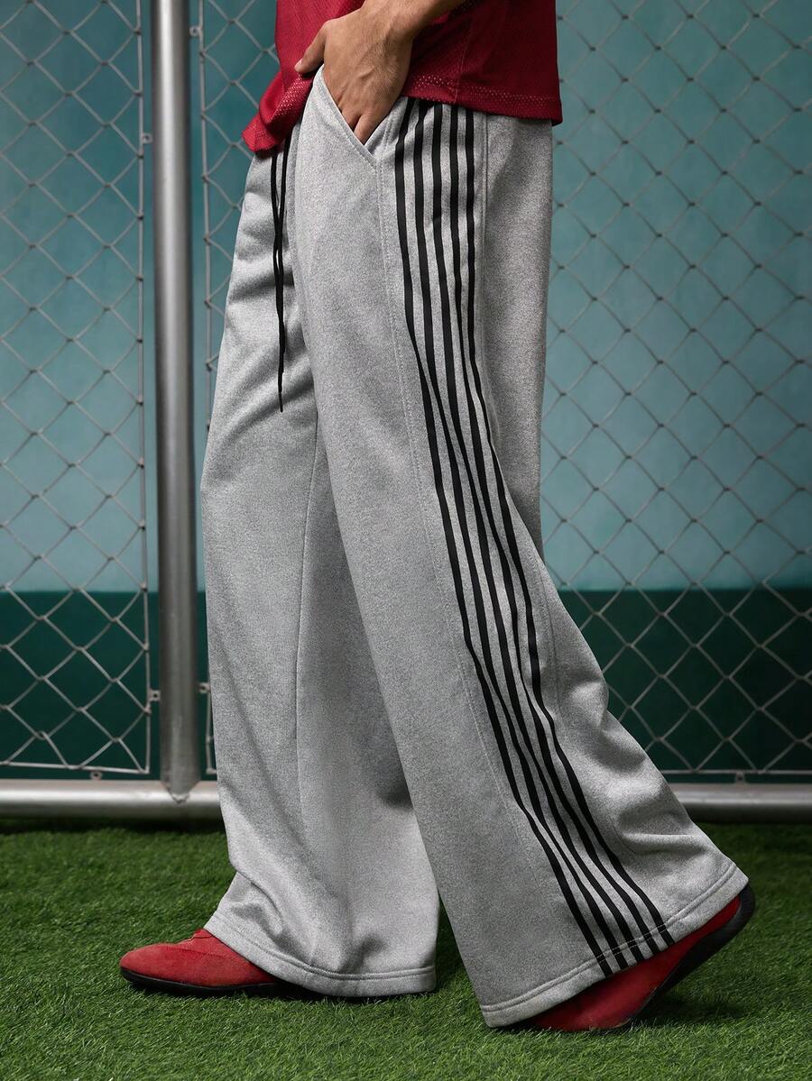 EVRINFINITE Men's Drawstring Waist Side Striped Wide Leg Loose Casual Sweatpants, Track Pants For Men, For Rave - Light Grey - View 1