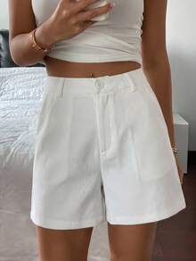 CZJ Women's Solid Casual Shorts With Front Pockets And Buttons, For Everyday Wear - White - View 9