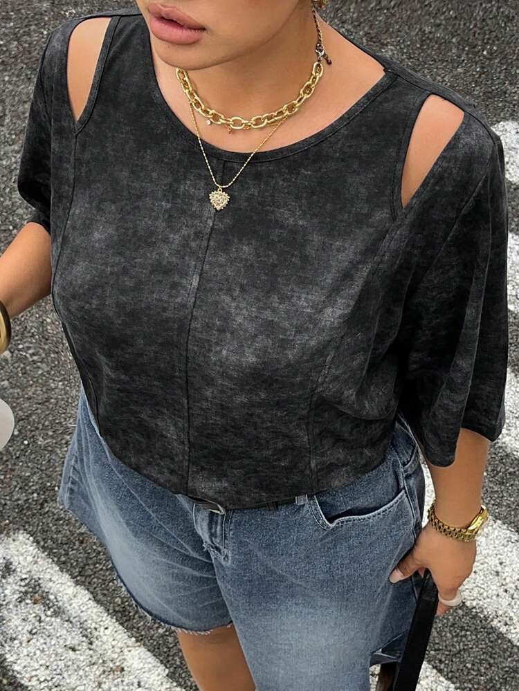 Dazy Plus Casual Tie-Dye T-Shirt, Cutout Shoulder Loose Tops, Relaxed Japanese Style Plus Size Women Spring/Summer Short Sleeve Tee