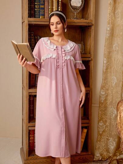 PalaceNights 大码宽松长款睡裙，荷叶边下摆，宫廷风格