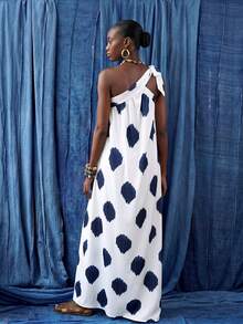 EMERY ROSE 女士休闲印花不对称领无袖系带宽松长裙 - 藍白色 - 查看 2