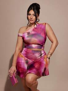 SHEIN BAE Plus Size Women's Asymmetric Printed Top, Short Knit Mini Skirt - Multicolor - View 3