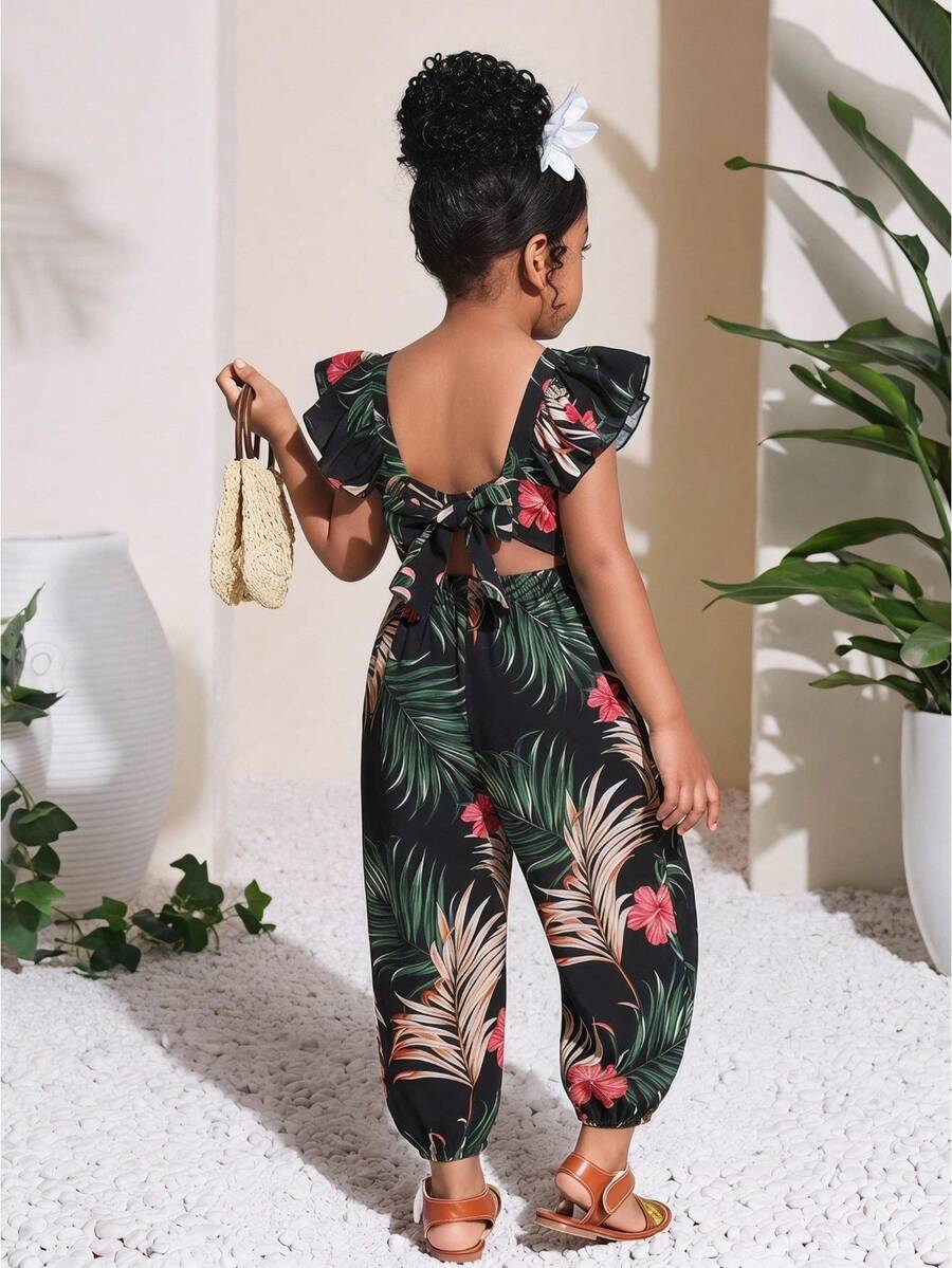 Bộ áo liền quần hở lưng tay bồng họa tiết hoa lá, kiểu Hawaii, có nơ trang trí, thích hợp cho bé gái đi biển mùa hè. - Nhiều màu - Xem 1