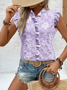 SHEIN LUNE Casual Vacation & Daily Wear Ruffle Sleeve Bow Tie Printed Apricot Blouse For Women - Purple - View 5