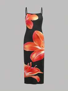 SHEIN Tween Girl Tween Girls' Casual Vacation Black Tropical Floral Print Slit Hem Dress - Black - View 2