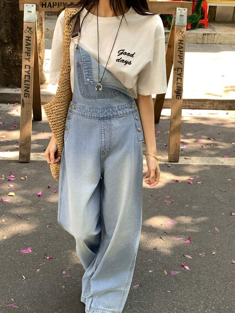 Women's Contrast Color Strap Loose Casual Denim Bib Pants And Jumpsuit Summer