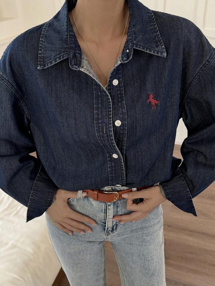 Women's Turndown Collar Contrast Color Horse Embroidery Casual Denim Blouse