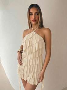 Aloruh White,Summer,70s,Party Y2K Music Festival Bohemian Elegant Halter Multilayer Ruffle Waist Asymmetrical Hem Mesh Mini Summer Dresses For Women - Beige - View 5