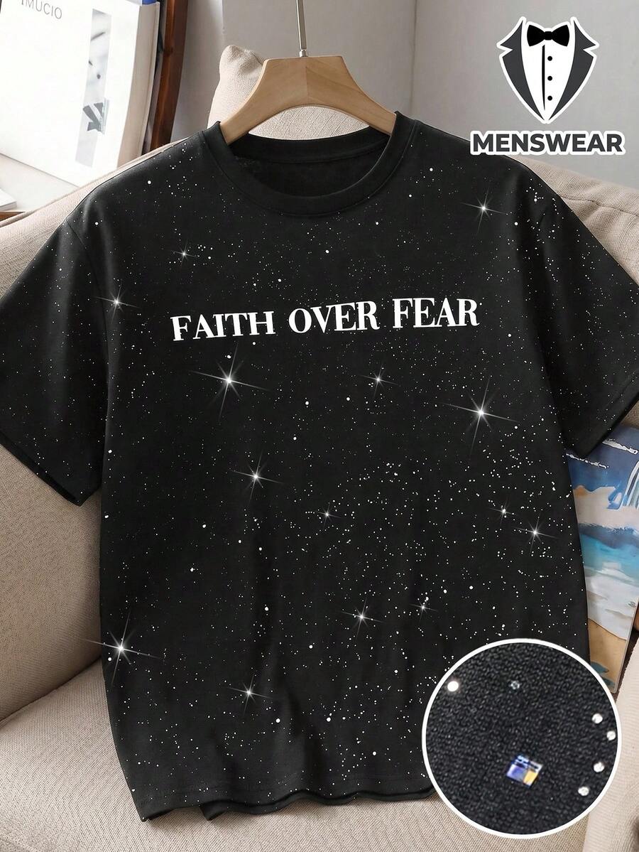 Manfinity X 男士休闲银箔标语 T 恤 | 银色压纹优质面料 | 美式街头风 | 男女情侣装,男士字母印花短袖 T 恤,夏季 - 黑色 - 查看 1