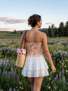MainGRL 2026 SS Neue elegante Urlaubs-Lässig Damen Aprikose & asymmetrische Blumen Chiffon Ausschnitt Zweiteiler Top, geeignet für Reisen, Einkaufen, Strand, Garten, Alltag - Verschiedenfarbig - Übersicht 2